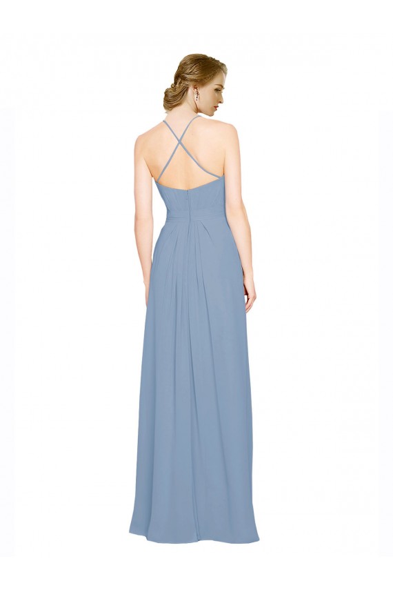 Bleu poussiéreux Trapèze Licou Col Haut Mousseline Longue Robes demoiselle d'honneur Outlet