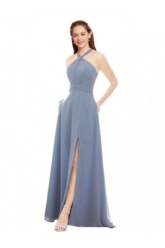 Bleu poussiéreux Trapèze Licou Col Haut Mousseline Longue Robes demoiselle d'honneur Outlet