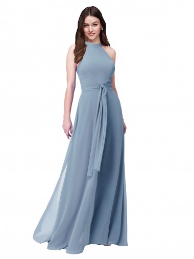 Bleu poussiéreux Trapèze Licou Col Haut Mousseline Longue Robes demoiselle d'honneur Pas Chre