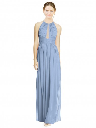 Bleu poussiéreux Trapèze Licou Mousseline Longue Robes demoiselle d'honneur Pas Chre