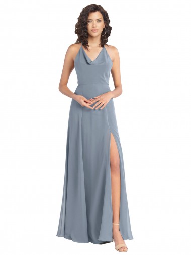 Bleu poussiéreux Trapèze Licou Mousseline Longue Robes demoiselle d'honneur Pas Chre
