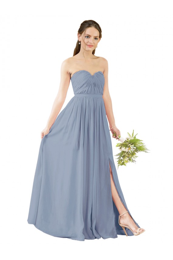 Bleu poussiéreux Trapèze Mousseline Longue Robes demoiselle d'honneur Outlet