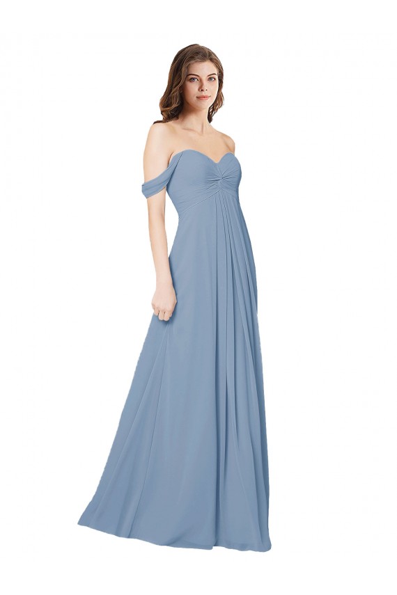 Bleu poussiéreux Trapèze Mousseline Longue Robes demoiselle d'honneur Outlet