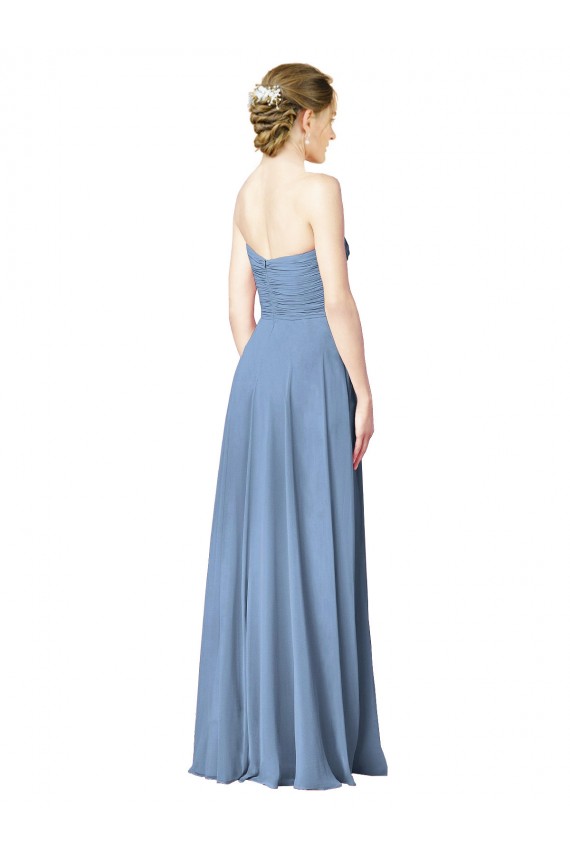 Bleu poussiéreux Trapèze Sans bretelle Mousseline Longue Robes demoiselle d'honneur Outlet