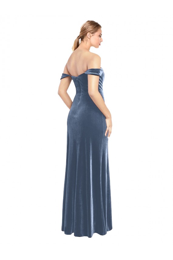 Bleu poussiéreux Trapèze Épaule Dénudée Sans bretelle Velours Stretch Longue Robes demoiselle d'honneur / Robes de bal Outlet
