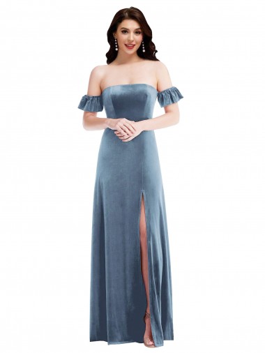 Bleu poussiéreux Trapèze Épaule Dénudée Velours Stretch Longue Robes demoiselle d'honneur / Robes de bal Outlet