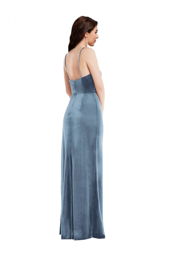 Bleu poussiéreux Trompette Bretelles spaghetti Velours Stretch Longue Formelles Robes demoiselle d'honneur / Robes de soirée / Robes de bal Outlet