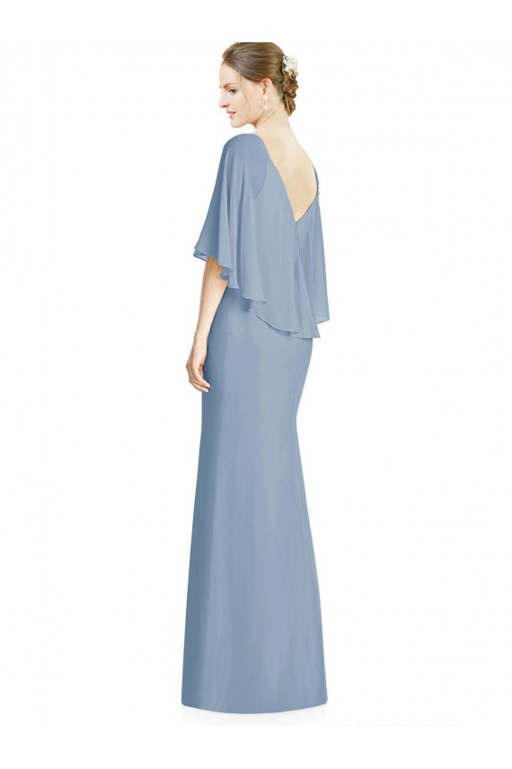Bleu poussiéreux Trompette Col V Mousseline Longue Robes demoiselle d'honneur Outlet