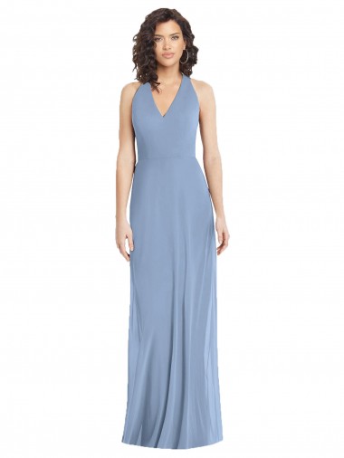 Bleu poussiéreux Trompette Licou Col V Mousseline Longue Formelles Robes demoiselle d'honneur / Robes de soirée Pas Chre