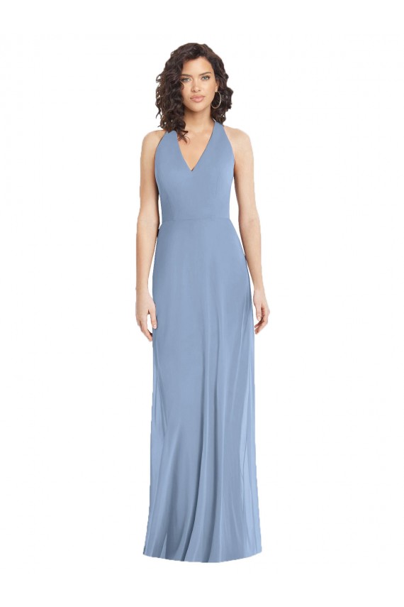 Bleu poussiéreux Trompette Licou Col V Mousseline Longue Formelles Robes demoiselle d'honneur / Robes de soirée Outlet