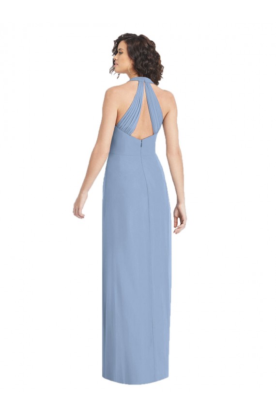 Bleu poussiéreux Trompette Licou Col V Mousseline Longue Formelles Robes demoiselle d'honneur / Robes de soirée Outlet
