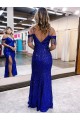 Bleu roi Fourreau Bretelles spaghetti Col V Paillettes Velours Longue Robes de bal Outlet
