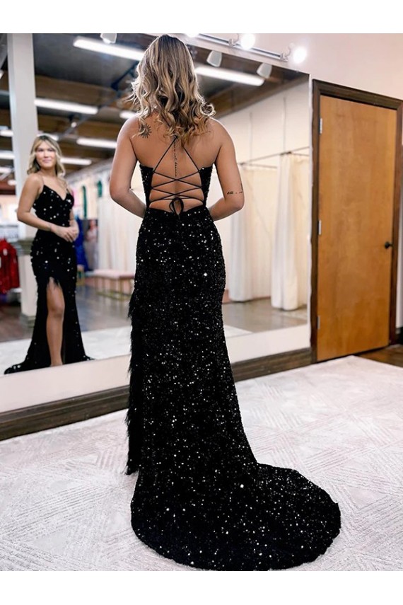 Bleu roi Fourreau Col V Balayage train Paillettes Velours Longue Robes de bal Outlet