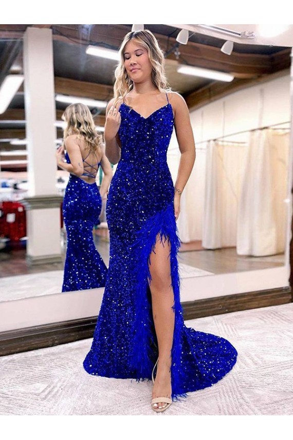 Bleu roi Fourreau Col V Balayage train Paillettes Velours Longue Robes de bal Outlet