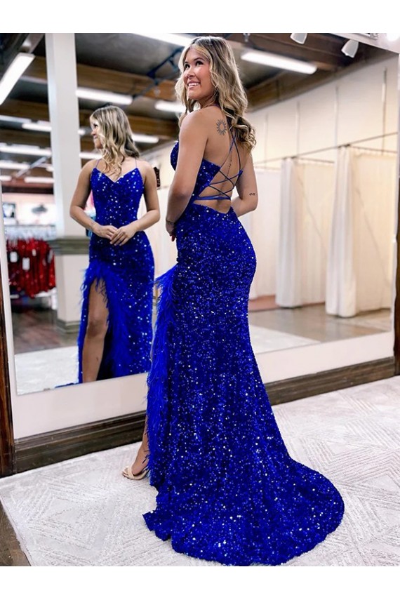 Bleu roi Fourreau Col V Balayage train Paillettes Velours Longue Robes de bal Outlet