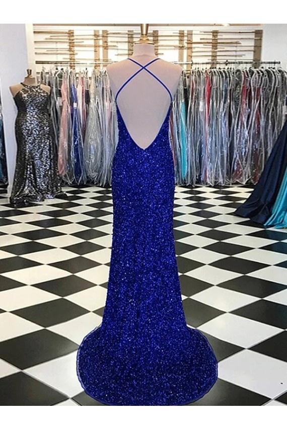 Bleu roi Fourreau Col V Balayage train Paillettes Velours Longue Robes de bal Outlet