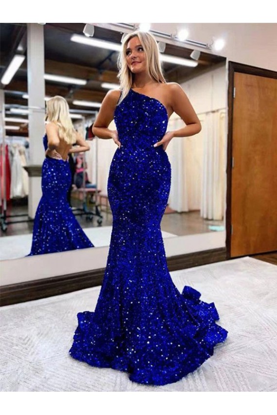 Bleu roi Sirène Balayage train Paillettes Velours Longue Robes de bal Outlet