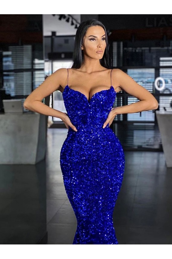 Bleu roi Sirène Bretelles spaghetti Balayage train Paillettes Velours Longue Robes de bal Outlet