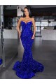 Bleu roi Sirène Bretelles spaghetti Balayage train Paillettes Velours Longue Robes de bal Outlet