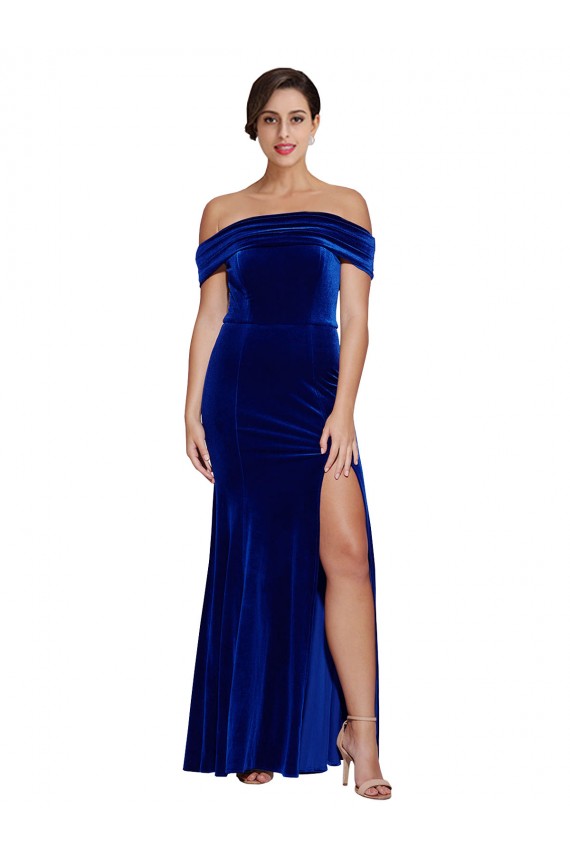 Bleu roi Sirène Épaule Dénudée Velours Stretch Longue Formelles Robes demoiselle d'honneur / Robes de soirée / Robes de bal Outlet