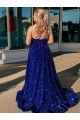 Bleu roi Trapèze Balayage train Paillettes Velours Longue Robes de bal Outlet