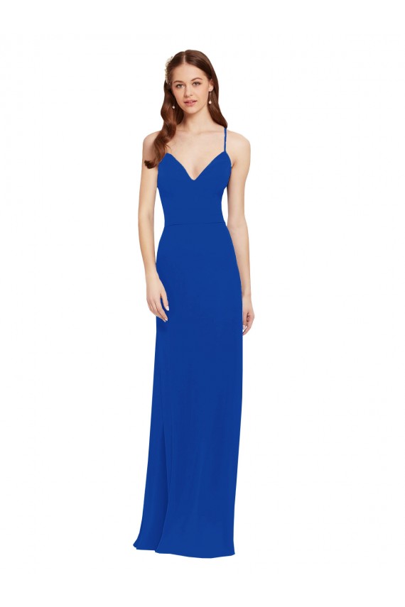 Bleu roi Trapèze Bretelles spaghetti Col V Mousseline Longue Robes demoiselle d'honneur Outlet