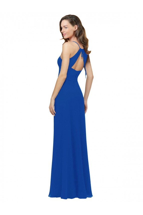 Bleu roi Trapèze Bretelles spaghetti Col V Mousseline Longue Robes demoiselle d'honneur Outlet