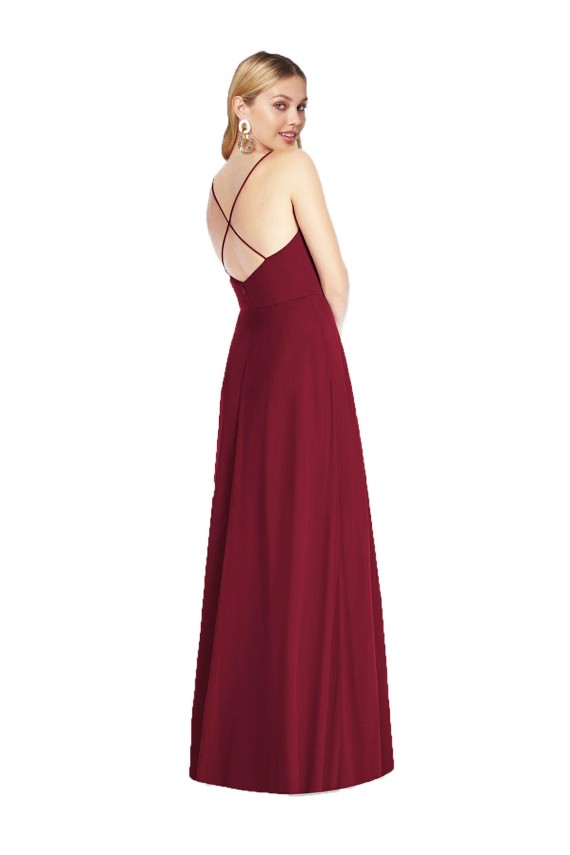 Bleu roi Trapèze Bretelles spaghetti Col V Mousseline Longue Robes demoiselle d'honneur Outlet