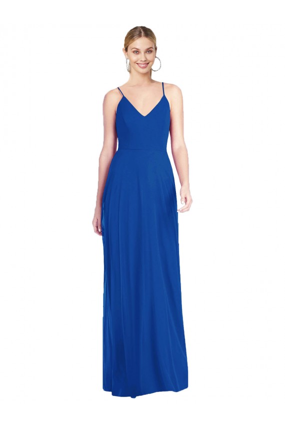 Bleu roi Trapèze Bretelles spaghetti Col V Mousseline Longue Robes demoiselle d'honneur Outlet
