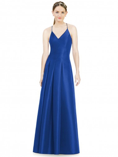 Bleu roi Trapèze Bretelles spaghetti Col V Satiné Longue Robes demoiselle d'honneur Pas Chre