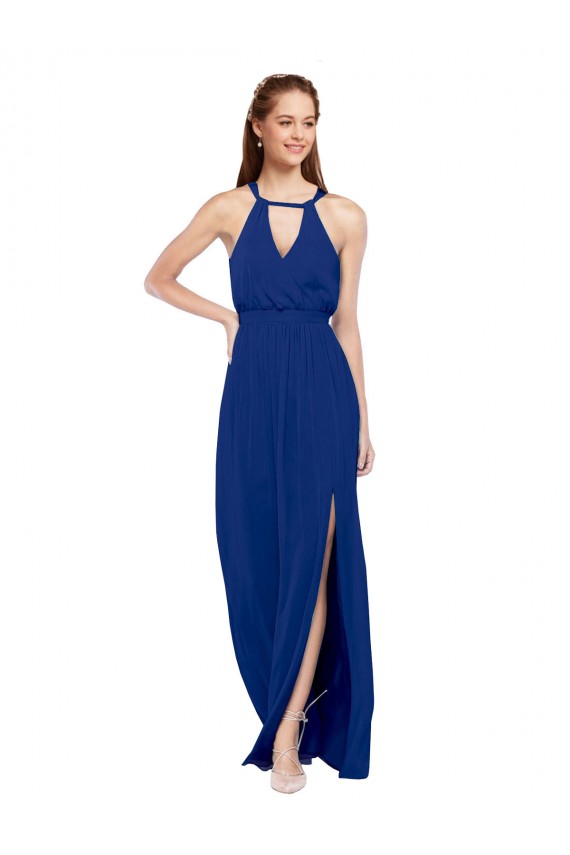 Bleu roi Trapèze Col Haut Mousseline Longue Robes demoiselle d'honneur Outlet