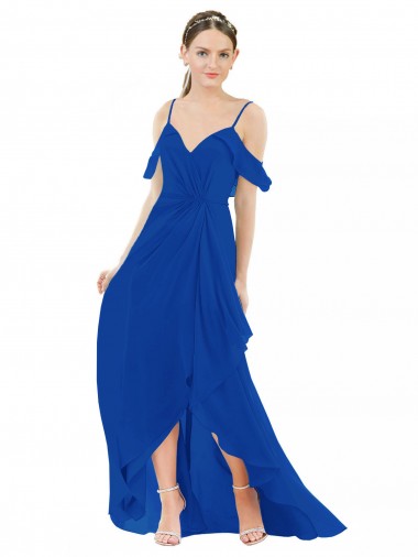 Bleu roi Trapèze Col V Mousseline Longue Asymétrique Robes demoiselle d'honneur Pas Chre