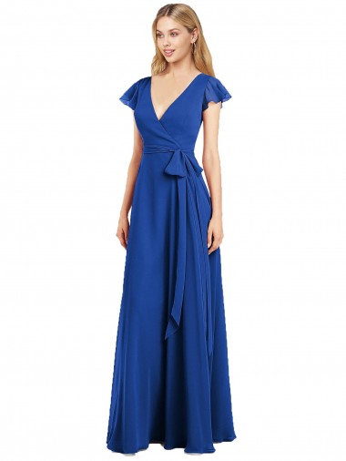 Bleu roi Trapèze Col V Mousseline Longue Robes demoiselle d'honneur Pas Chre