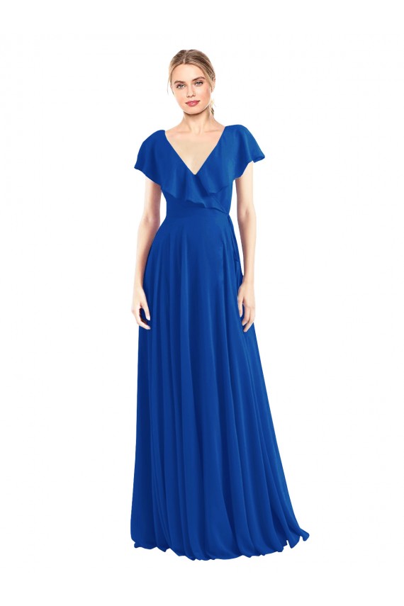 Bleu roi Trapèze Col V Mousseline Longue Robes demoiselle d'honneur Outlet