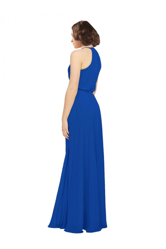 Bleu roi Trapèze Col bijou Mousseline Longue Robes demoiselle d'honneur Outlet