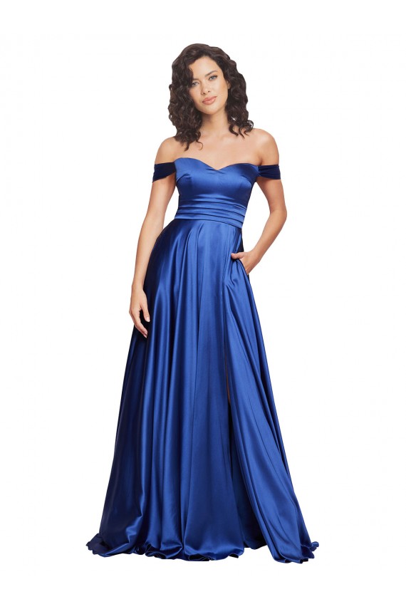 Bleu roi Trapèze Épaule Dénudée Balayage train Satiné Stretch Longue Formelles Robes demoiselle d'honneur / Robes de soirée / Robes de bal Outlet