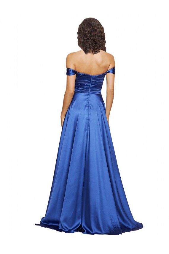Bleu roi Trapèze Épaule Dénudée Balayage train Satiné Stretch Longue Formelles Robes demoiselle d'honneur / Robes de soirée / Robes de bal Outlet