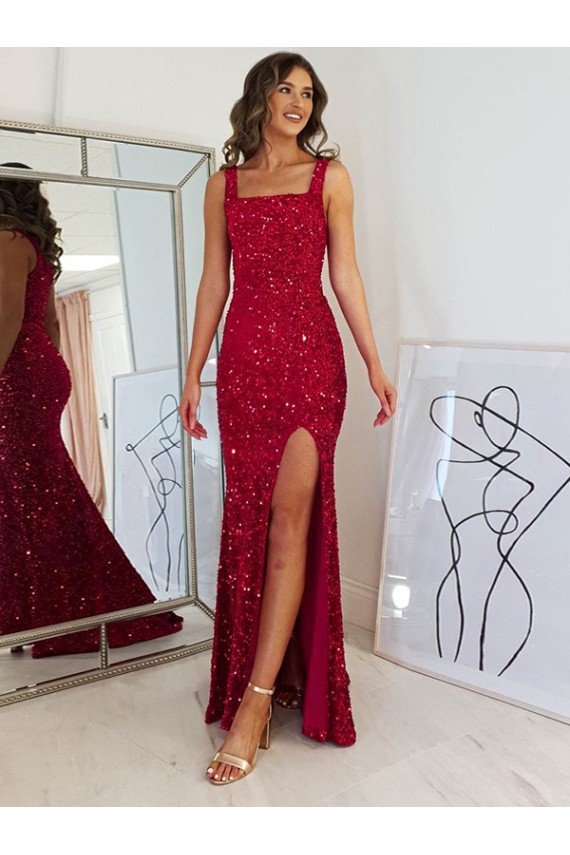 Bordeaux Fourreau Col Carré Paillettes Velours Longue Robes de bal Outlet