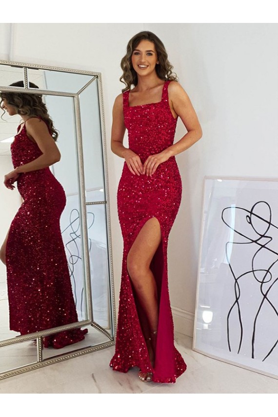 Bordeaux Fourreau Col Carré Paillettes Velours Longue Robes de bal Outlet