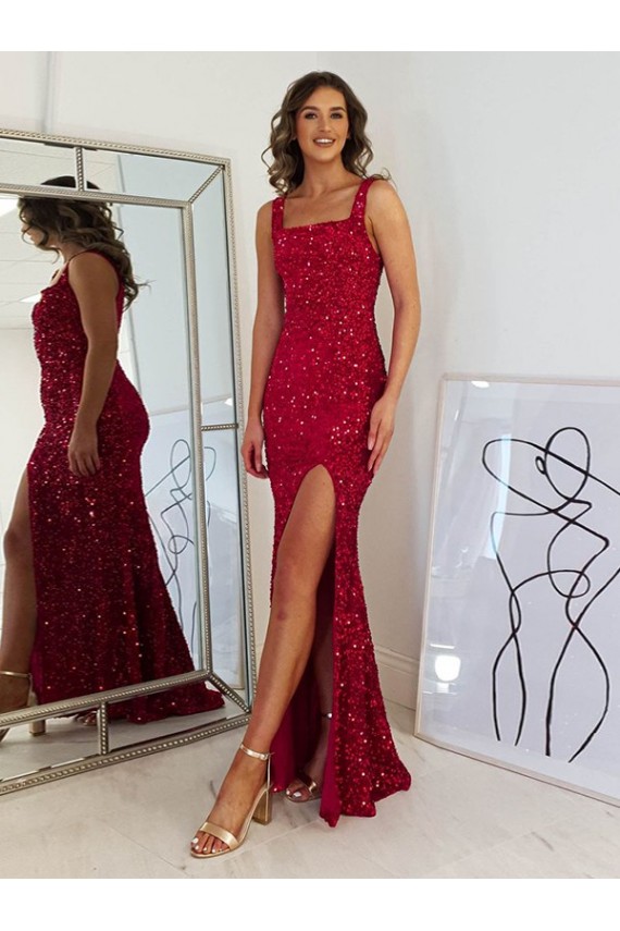 Bordeaux Fourreau Col Carré Paillettes Velours Longue Robes de bal Outlet