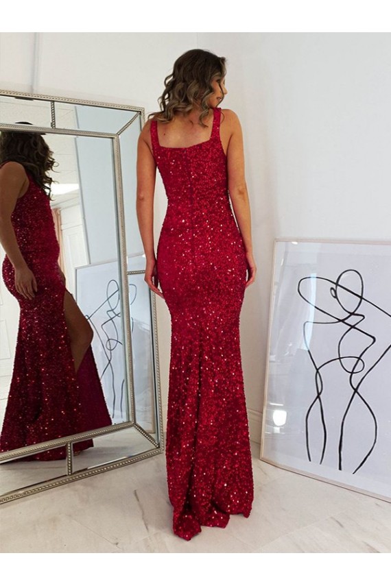 Bordeaux Fourreau Col Carré Paillettes Velours Longue Robes de bal Outlet