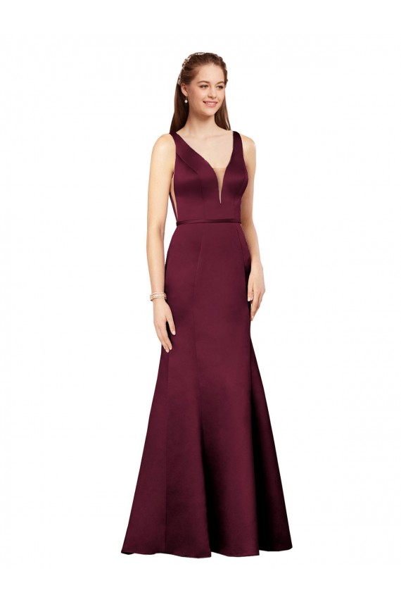 Bordeaux Fourreau Col V Satiné Longue Formelles Robes demoiselle d'honneur / Robes de soirée / Robes de bal Outlet