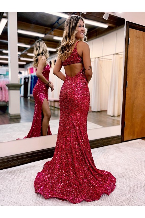 Bordeaux Sirène Balayage train Paillettes Velours Longue Robes de bal Outlet