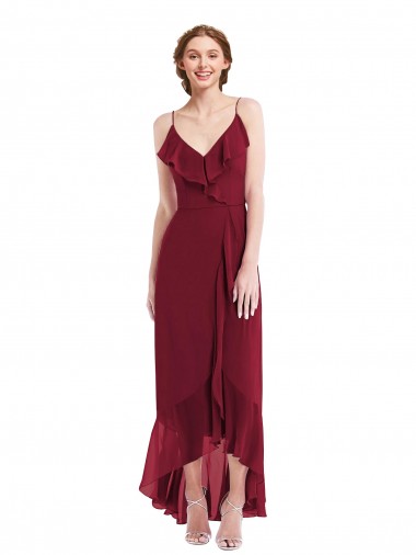 Bordeaux Trapèze Bretelles spaghetti Col V Mousseline Longue Asymétrique Robes demoiselle d'honneur Pas Chre