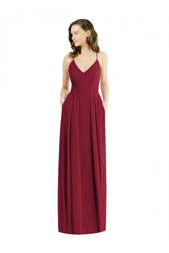 Bordeaux Trapèze Bretelles spaghetti Col V Mousseline Longue Robes demoiselle d'honneur Outlet