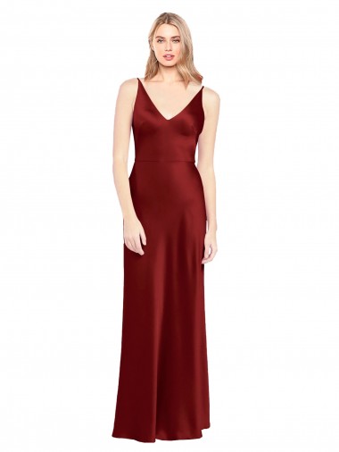 Bordeaux Trapèze Bretelles spaghetti Col V Satiné Stretch Longue Formelles Robes demoiselle d'honneur / Robes de soirée / Robes de bal Pas Chre