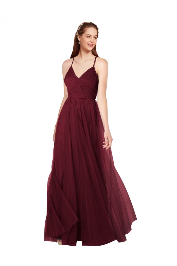 Bordeaux Trapèze Bretelles spaghetti Col V Tulle Longue Robes demoiselle d'honneur Outlet
