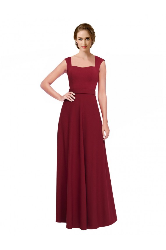 Bordeaux Trapèze Col Carré Crêpe Stretch Longue Robes demoiselle d'honneur / Robes de bal Outlet