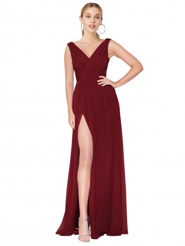 Bordeaux Trapèze Col V Mousseline Longue Formelles Robes demoiselle d'honneur / Robes de soirée / Robes de bal Pas Chre
