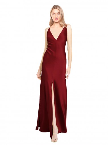 Bordeaux Trapèze Col V Satiné Stretch Longue Formelles Robes demoiselle d'honneur / Robes de soirée / Robes de bal Pas Chre